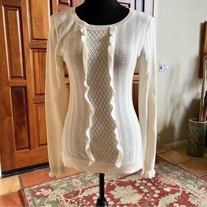 NWT Halogen Ivory Eggnog Ruffle Front Crew Neck Sweater Size XS